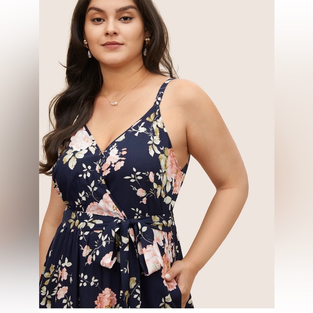BloomChic Floral Wrap Elastic Waist Belted Sleeveless Dress - Picture 3 of 7